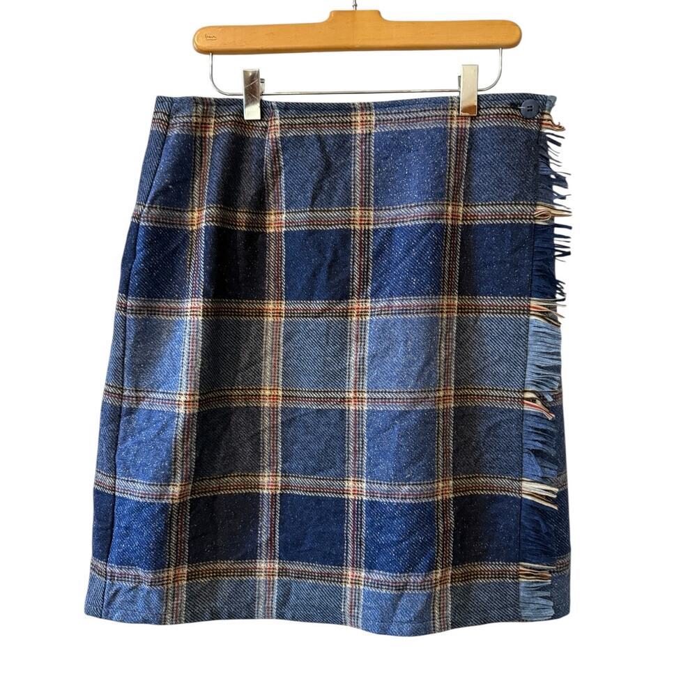 Liz Claiborne Blue Plaid Wool Blend Fringe Skirt